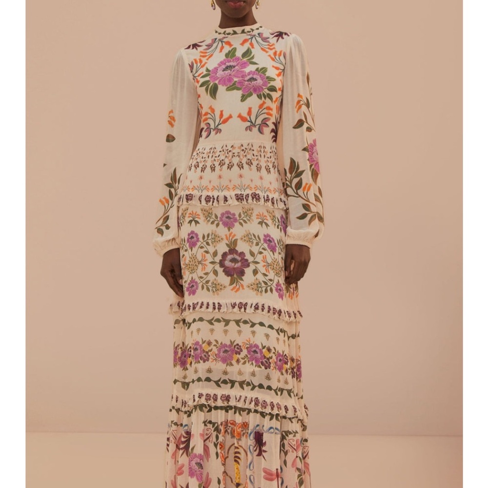 ♥️ FARM Rio Cream Winter Garden Ruffle Maxi Dress - Picture 6 of 11